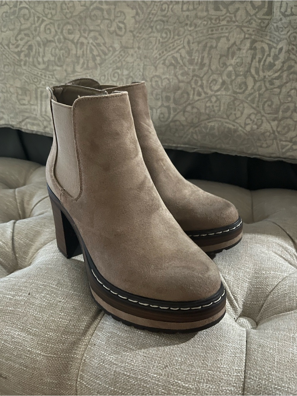 Pierre Dumas Taupe Suede Platform Chelsea Booties